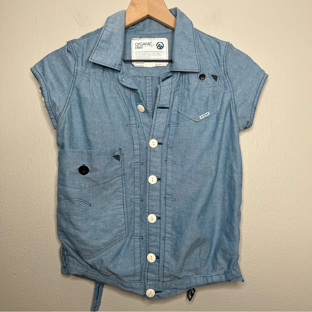 G Star Women Button Down Shirt XS Organic Cotton Blue Elastic Waist Cap Sleeve